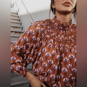 BOHME Smocked Mock-Neck Boho Cognac & Floral Balloon Sleeve Blouse | Womens S
